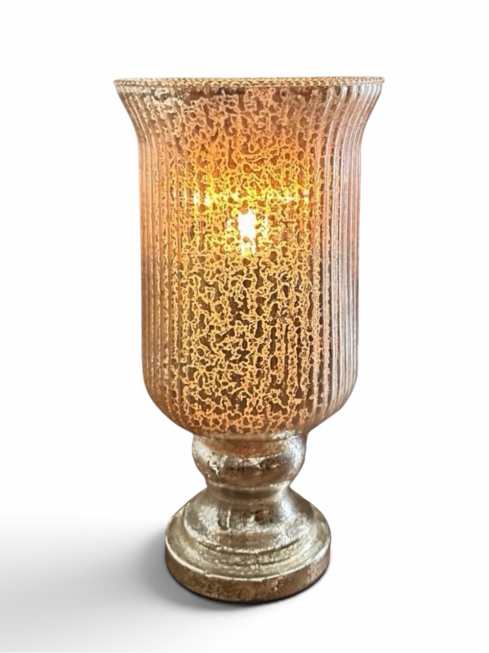 Valerie Parr Crackled Gold Ribbed Glass Footed Hurricane Candle Holder